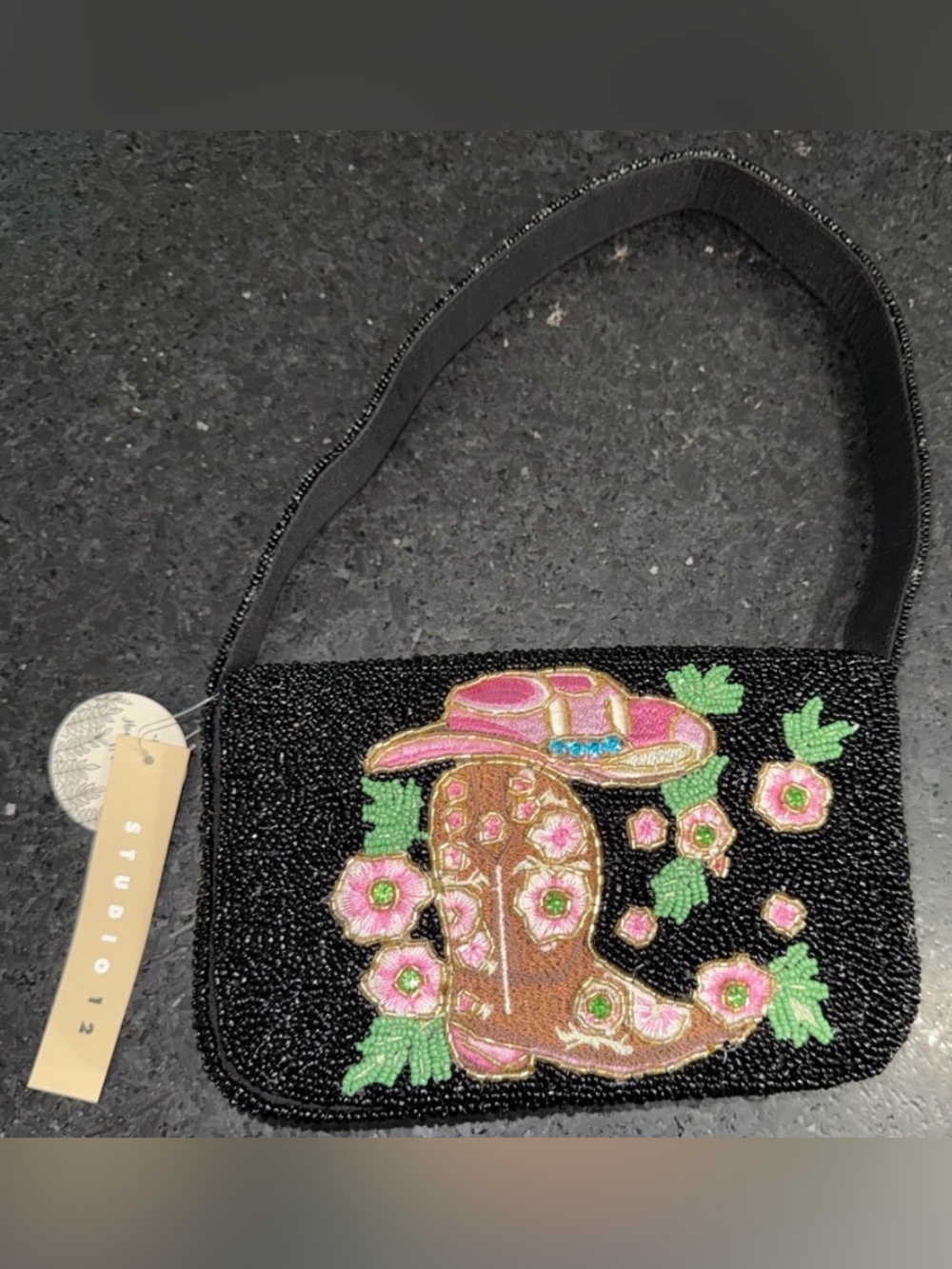 NEW Studio 12 Black Beaded
Shoulder Pink Floral Cowboy Boots & Hat VIRAL BAG
